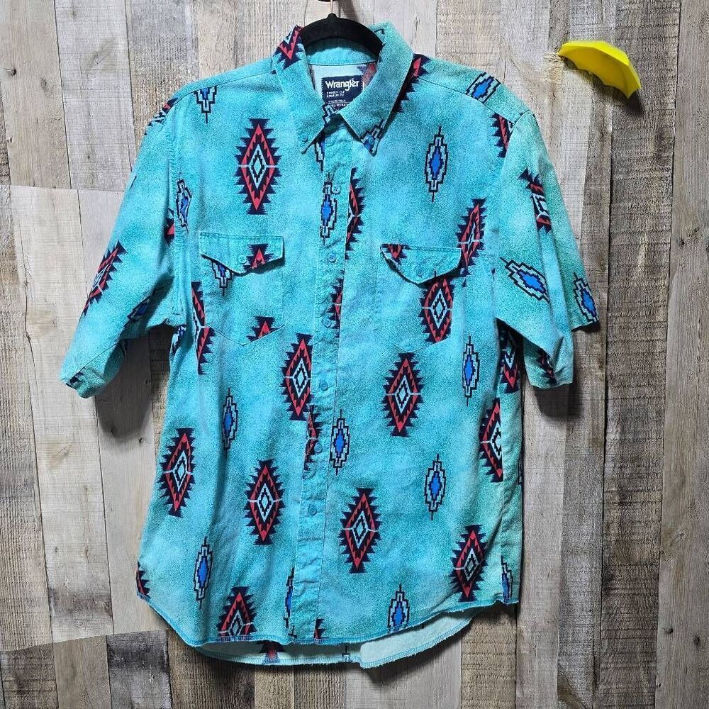 Wrangler Vintage Teal Aztec Print Cowboy Cut XLong Tails Button Up Shirt 17 Retr